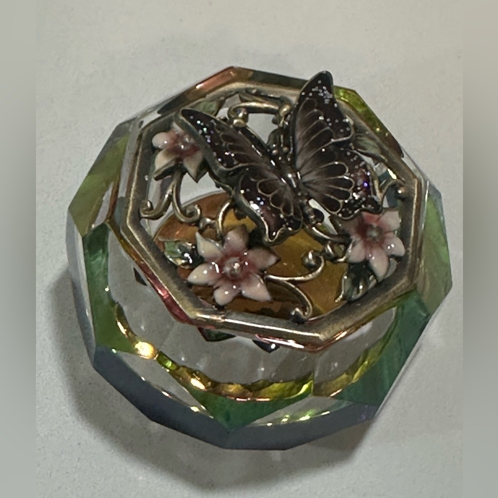 Vintage Jeweled Crystal Trinket Box (Butterfly & Flowers Lid) Elegant Gorgeous